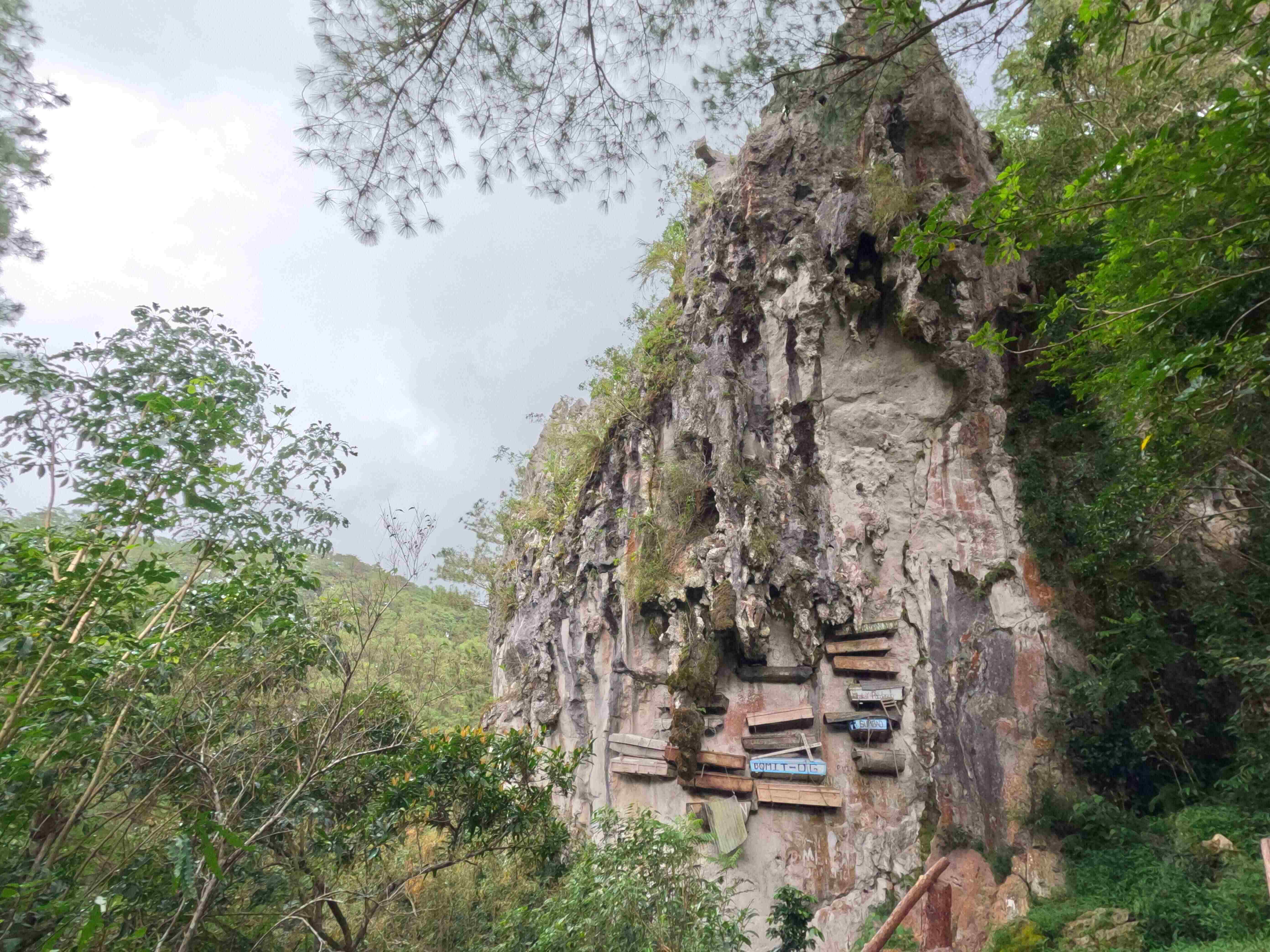 Hanging wooden coffins secured to the cliff face in Sagada, Philippines.